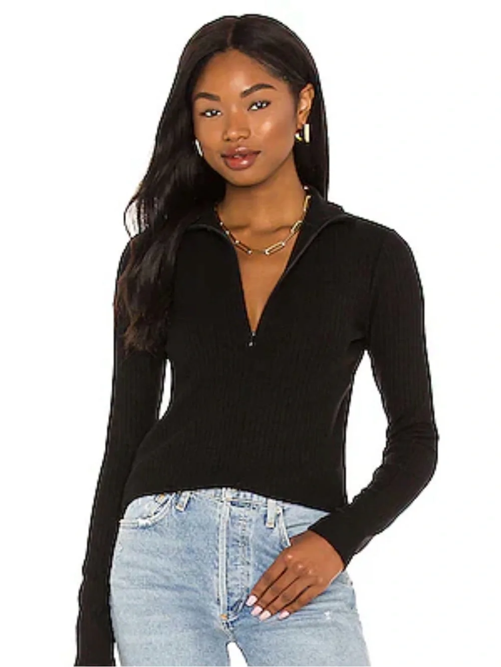 VINCE black cotton ribbed long-sleeve top features a quarter-zip closure, large